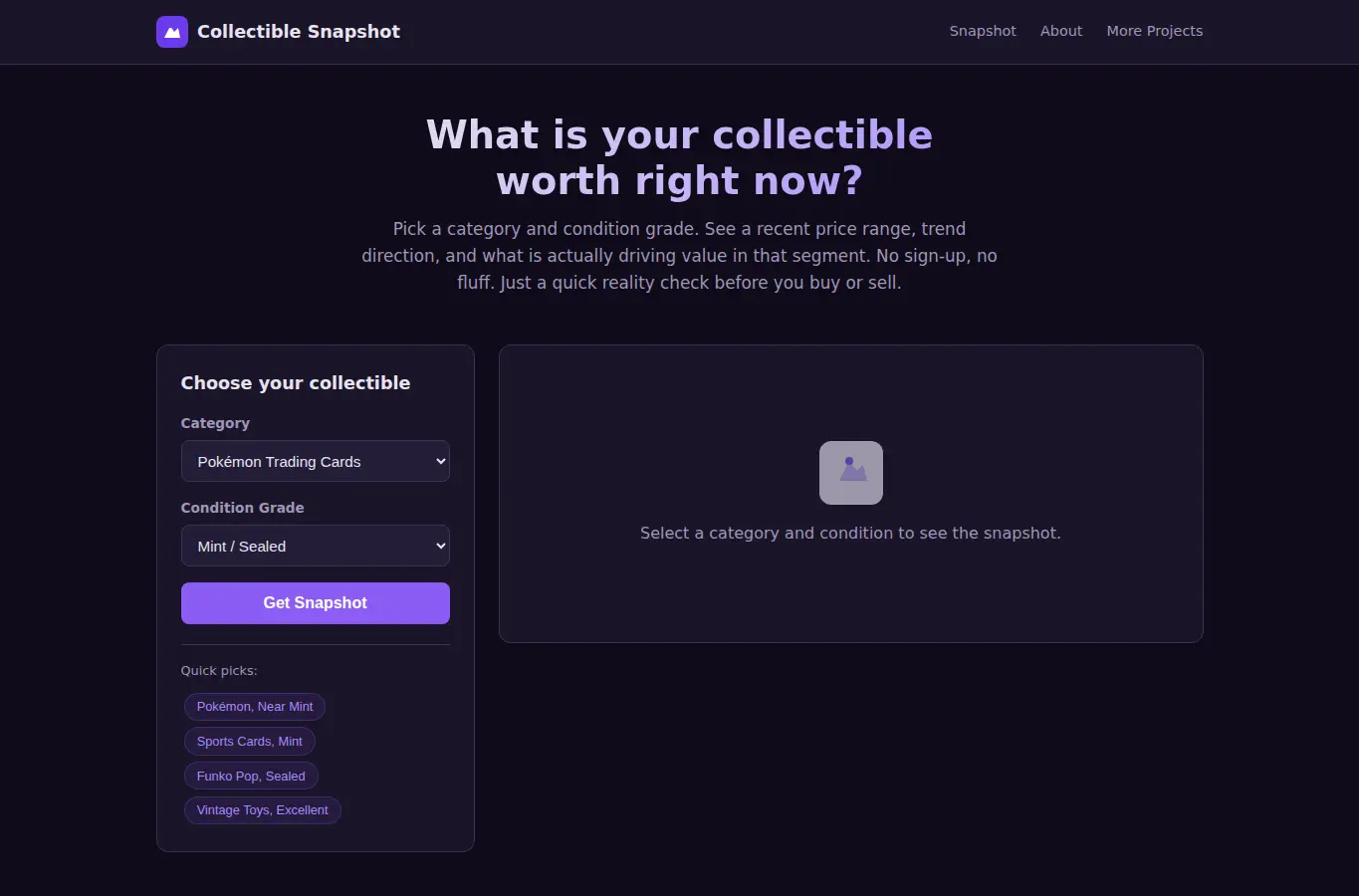 Screenshot of Collectible Market Value Snapshot interface showing the project page in use
